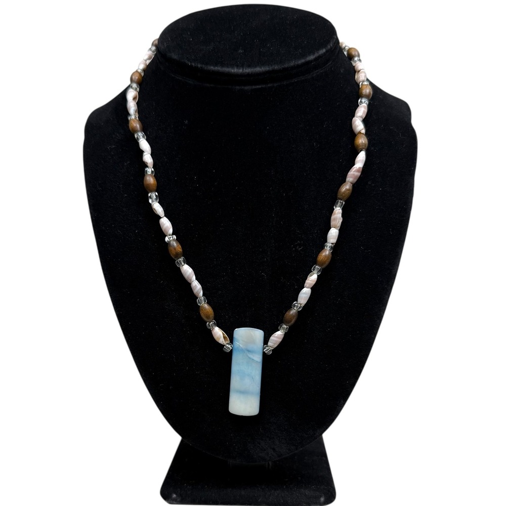 Seashell Beaded Necklace Wood Stone Statement Pendant Boho Jewelry 9.5 in L